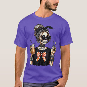 Skeleton Girl Drinking Coffee Peace Sign for Women T-Shirt