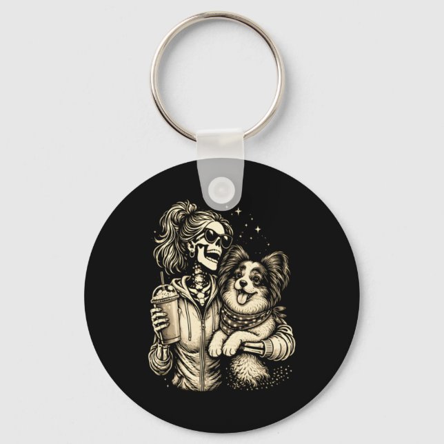 Skeleton Girl Hugging Papillon Dog Cute Coffee Keychain (Front)
