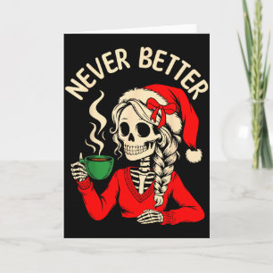 Skeleton Girl Santa Drinking Coffee Xmas Funny Sku Card