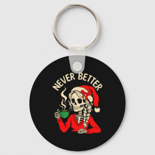 Skeleton Girl Santa Drinking Coffee Xmas Funny Sku Keychain