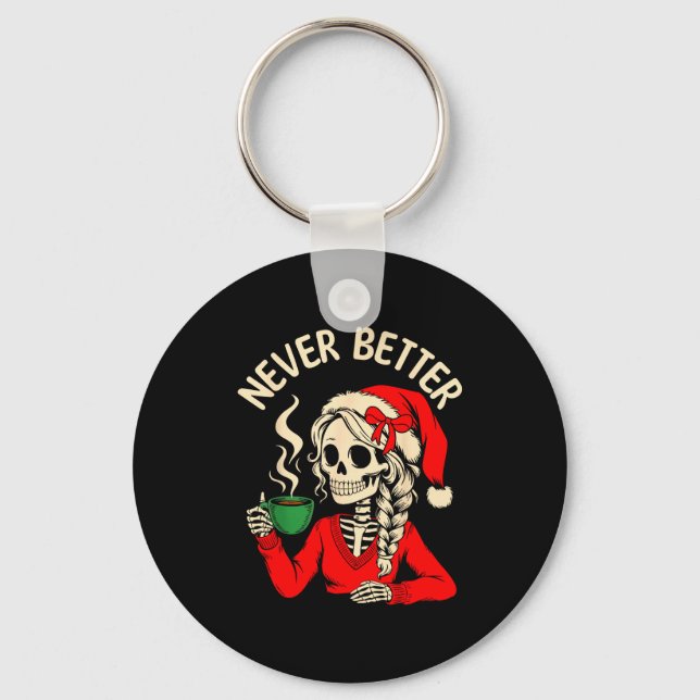 Skeleton Girl Santa Drinking Coffee Xmas Funny Sku Keychain (Front)