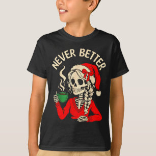 Skeleton Girl Santa Drinking Coffee Xmas Funny Sku T-Shirt