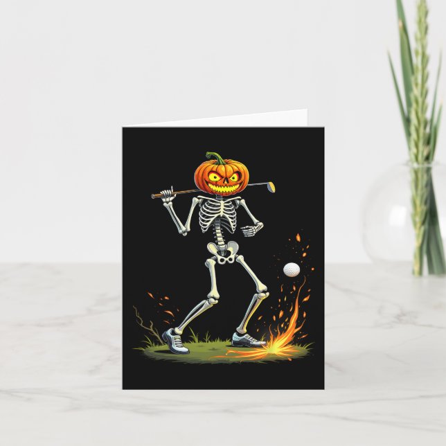 Skeleton Golf Funny Halloween Pumpkin Golfing Golf Card (Front)