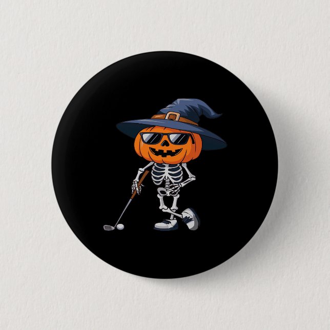 Skeleton Golf Halloween Pumpkin Golfing Golfer Tee 2 Inch Round Button (Front)