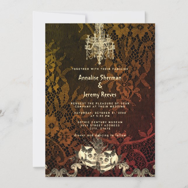 Skeleton Gothic Lace Chandelier Halloween Wedding Invitation (Front)