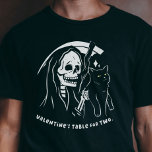 Skeleton Grim Reaper Holding Cat Funny Cat Lover T-Shirt<br><div class="desc">Celebrate the single life this Valentine's Day. It's the ultimate funny and sarcastic nod to solo celebrations. As a proud cat mom or cat dad, this ironic shirt is your ticket to a purrfectly rebellious Valentine's. Embrace the humour, revel in the irony, and wear your single status with pride. It's...</div>