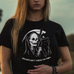 Skeleton Grim Reaper Holding Cat Funny Cat Lover T-Shirt<br><div class="desc">Celebrate the single life this Valentine's Day. It's the ultimate funny and sarcastic nod to solo celebrations. As a proud cat mom or cat dad, this ironic shirt is your ticket to a purrfectly rebellious Valentine's. Embrace the humour, revel in the irony, and wear your single status with pride. It's...</div>
