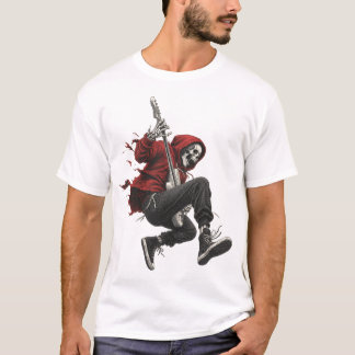 Skeleton Guitarist in Red Hoodie Rock  T-Shirt