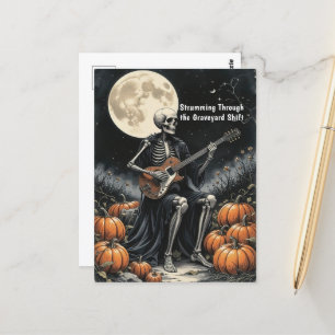 Skeleton Guitarist Under Full Moon with Pumpkins Postcard
