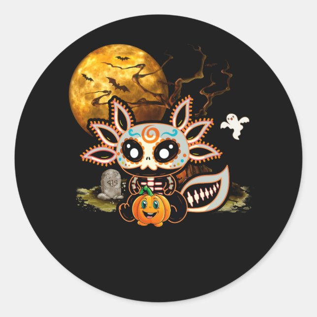 Skeleton Halloween Axolotl Lover Mid Night Ghost P Classic Round Sticker (Front)