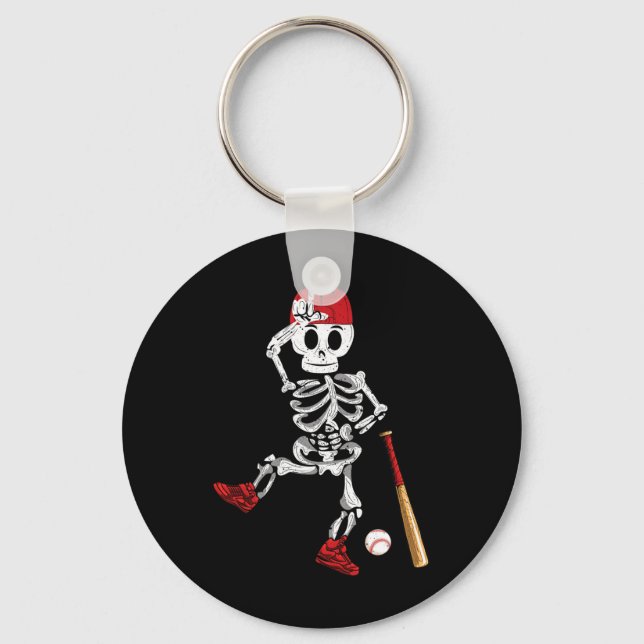 Skeleton Halloween Funny Skeleton Baseball Playing Keychain (Front)
