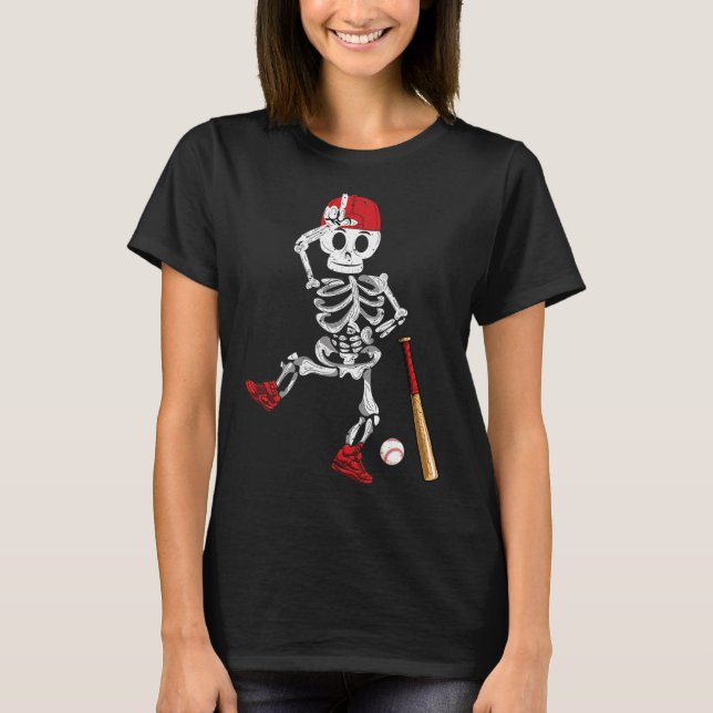 Skeleton Halloween Funny Skeleton Baseball Playing T-Shirt (Front)