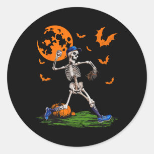 Skeleton Halloween Men Boys Baseball Spooky Season Classic Round Sticker