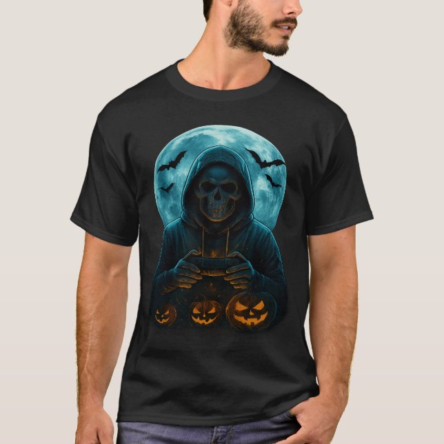 Skeleton Halloween Skull Gamer Spooky Pumpkin game T-Shirt (Front)