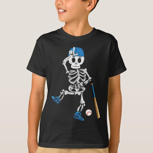 Skeleton Halloween Vintage Baseball Playing  T-Shirt (Front)
