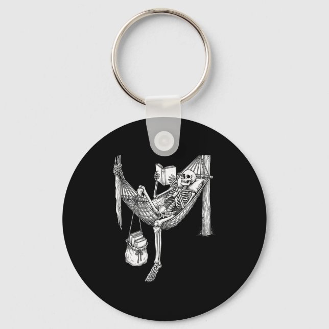 Skeleton hammock reading funny book lover gift  keychain (Front)