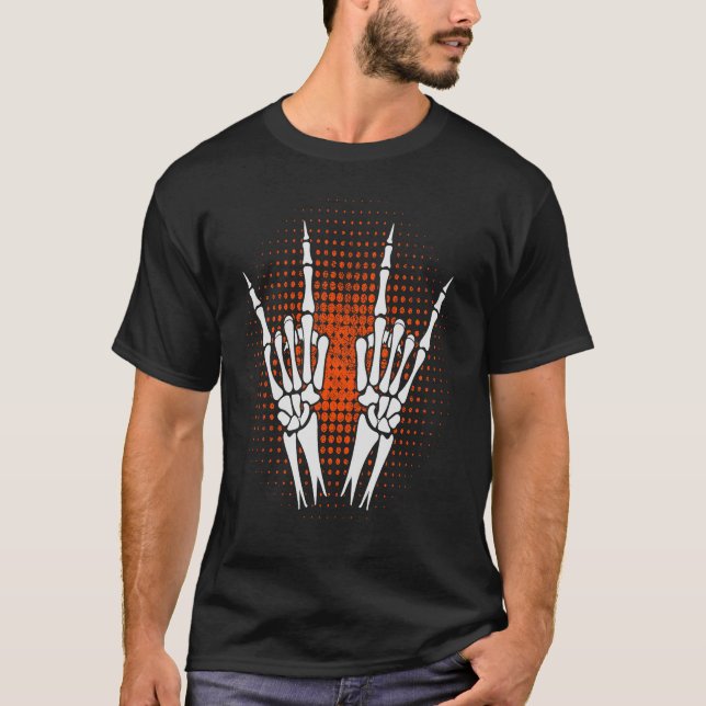 Skeleton Hand Devil Horns Rock Hand Gesture T-Shirt (Front)
