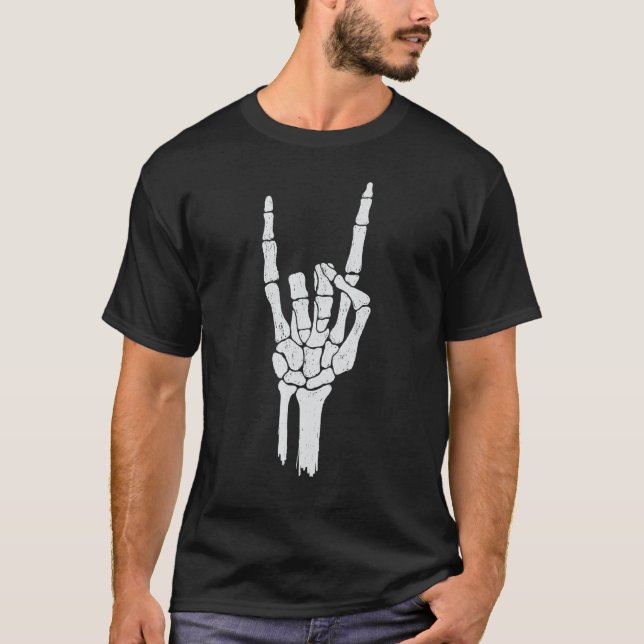 Skeleton Hand  Devil Horns Rock Hand Gesture T-Shirt (Front)