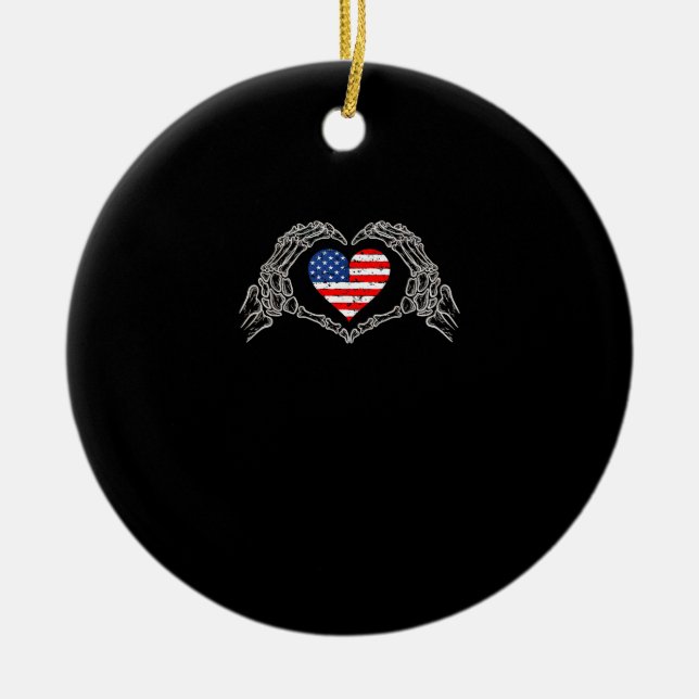 Skeleton Hand Heart 4th Of American Flag Patriotic Ceramic Ornament (Front)