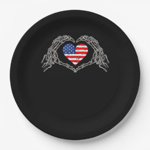 Skeleton Hand Heart 4th Of American Flag Patriotic Paper Plate