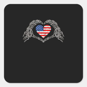 Skeleton Hand Heart 4th Of American Flag Patriotic Square Sticker