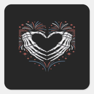 Skeleton Hand Heart 4th Of Usa Patriotic American Square Sticker