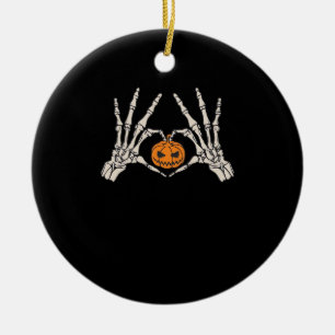 Skeleton Hand Heart And Pumpkin Funny Skull Ceramic Ornament