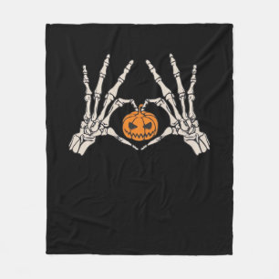 Skeleton Hand Heart And Pumpkin Funny Skull Fleece Blanket