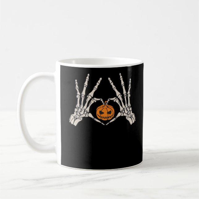 Skeleton Hand Heart And Pumpkin Funny Skull Hallow Coffee Mug (Left)