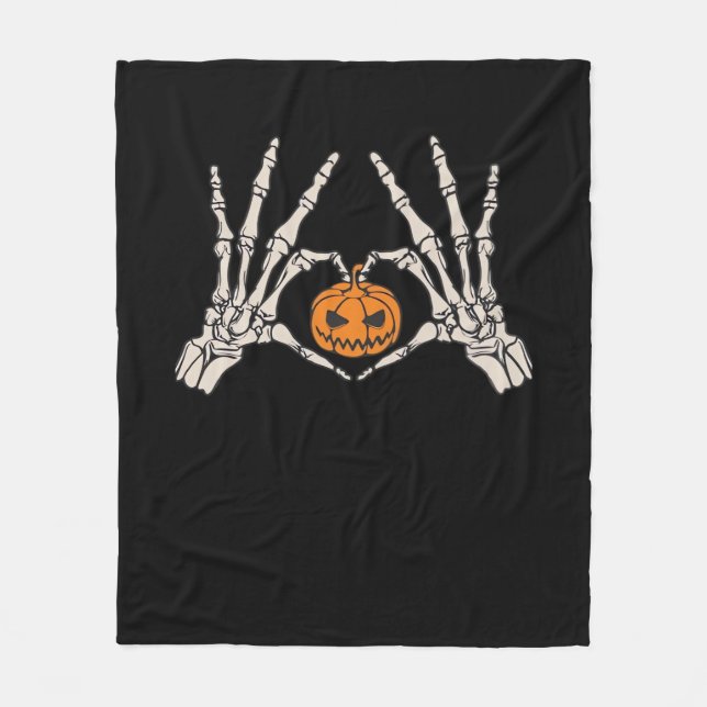 Skeleton Hand Heart And Pumpkin Funny Skull Hallow Fleece Blanket (Front)
