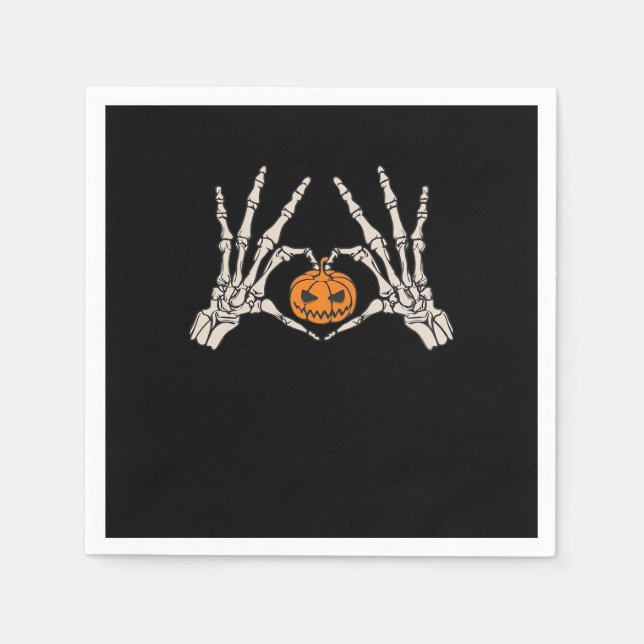 Skeleton Hand Heart And Pumpkin Funny Skull Hallow Napkin (Front)