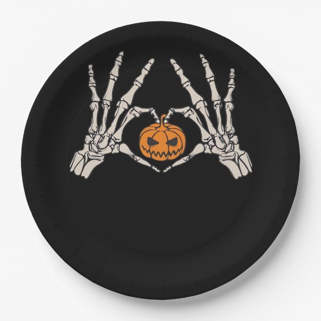 Skeleton Hand Heart And Pumpkin Funny Skull Hallow Paper Plate (Front)