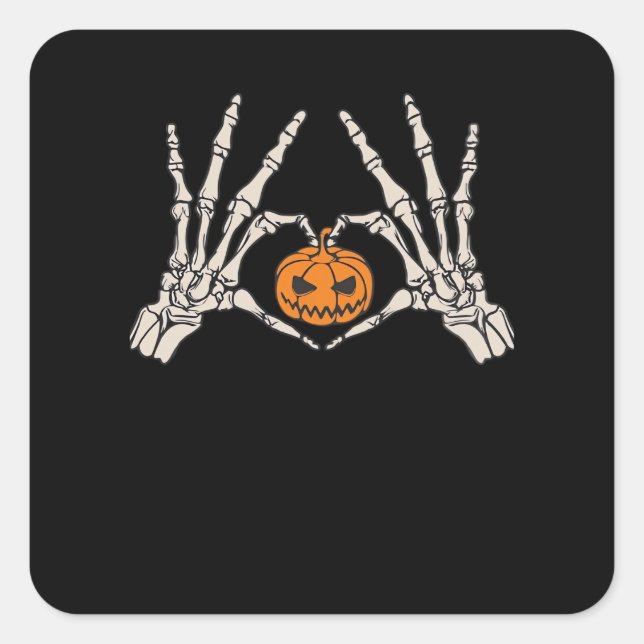 Skeleton Hand Heart And Pumpkin Funny Skull Hallow Square Sticker (Front)