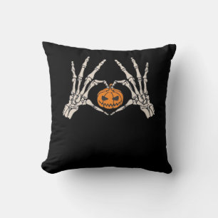 Skeleton Hand Heart And Pumpkin Funny Skull Hallow Throw Pillow