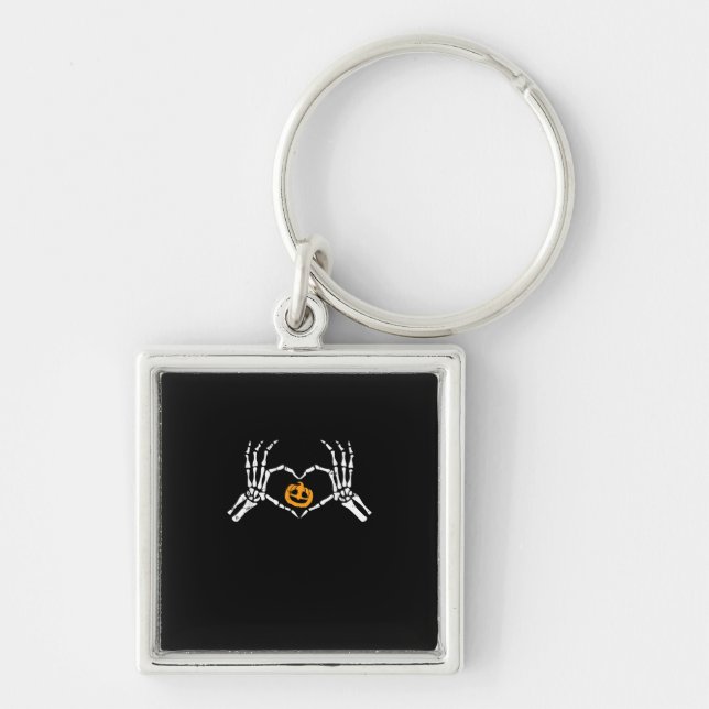 Skeleton Hand Heart Halloween Costume Pumpkin Keychain (Front)
