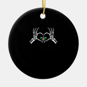 Skeleton Hand Heart Mardi Gras Ceramic Ornament