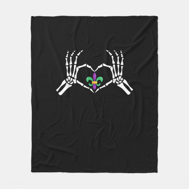 Skeleton Hand Heart Mardi Gras Fleece Blanket (Front)