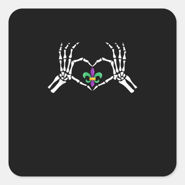 Skeleton Hand Heart Mardi Gras Square Sticker (Front)