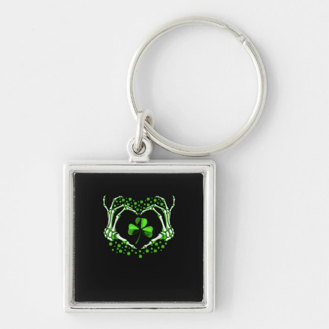 Skeleton Hand Heart Shamrock St Patricks Day Paddy Keychain (Front)