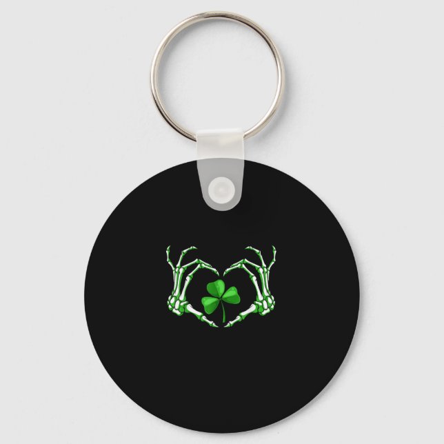 Skeleton Hand Heart Shamrock St Patricks Day Paddy Keychain (Front)