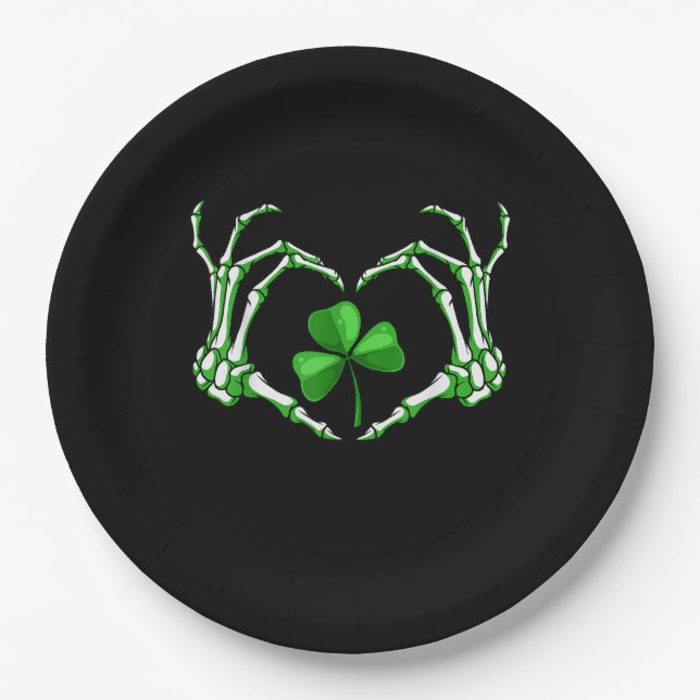 Skeleton Hand Heart Shamrock St Patricks Day Paddy Paper Plate (Front)