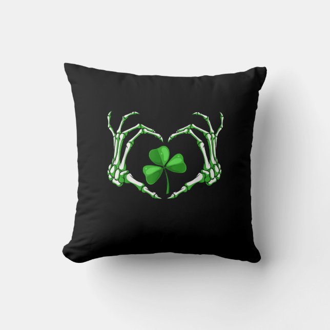 Skeleton Hand Heart Shamrock St Patricks Day Paddy Throw Pillow (Front)