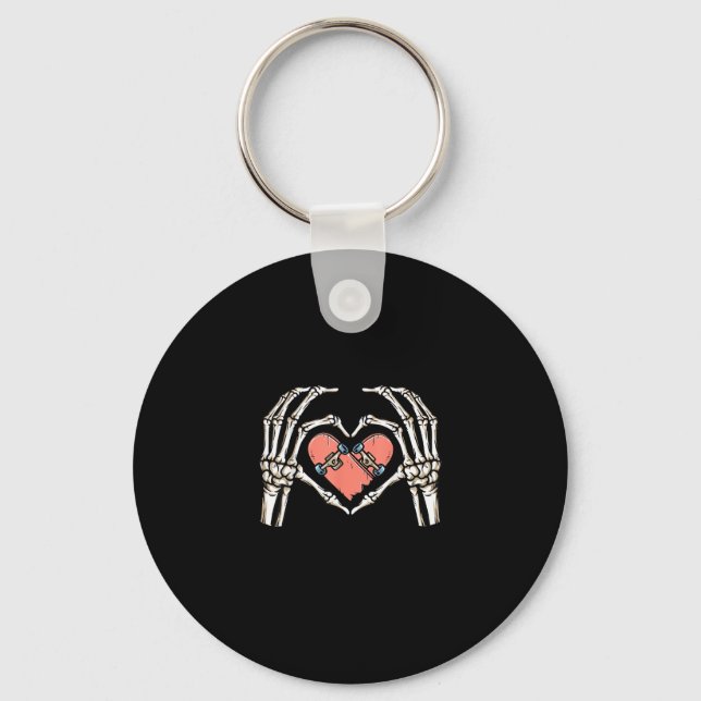 Skeleton Hand Heart Skateboard Valentines Day Funn Keychain (Front)