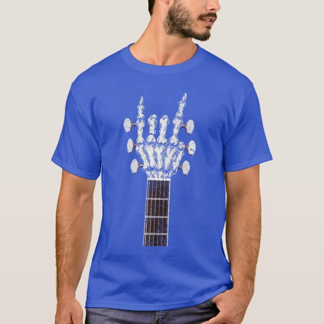 Skeleton Hand Heavy Punk Rock Roll Sign on Guitar  T-Shirt (Front)