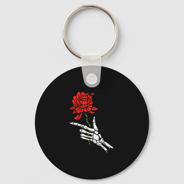 Skeleton Hand Holding A Red Rose  Keychain (Front)