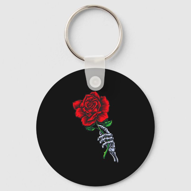 Skeleton Hand Holding Rose _ Aesthetic Red Flower  Keychain (Front)