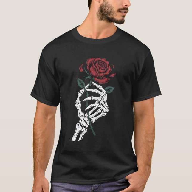 Skeleton Hand Holding Rose Gothic T-Shirt for Dark (Front)