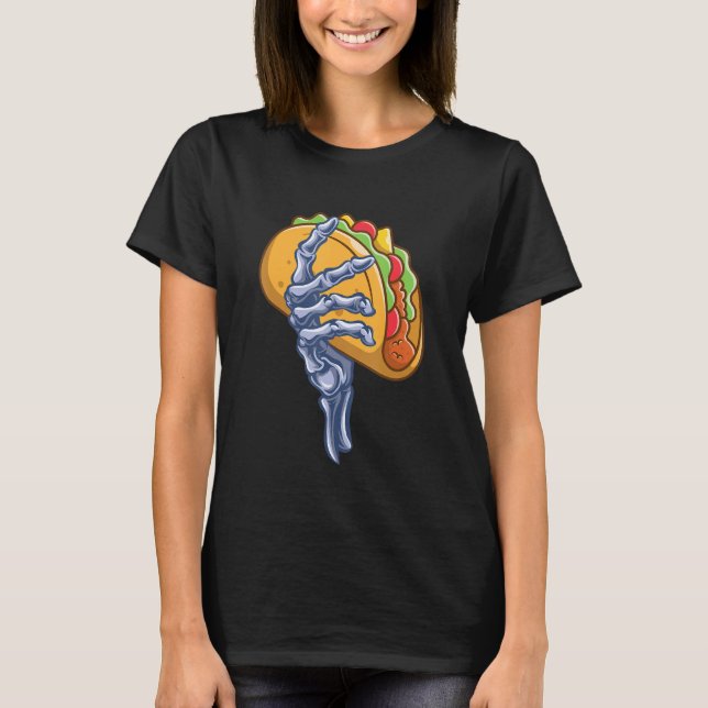 Skeleton Hand Holding Taco Dia de Los Muertos Hall T-Shirt (Front)