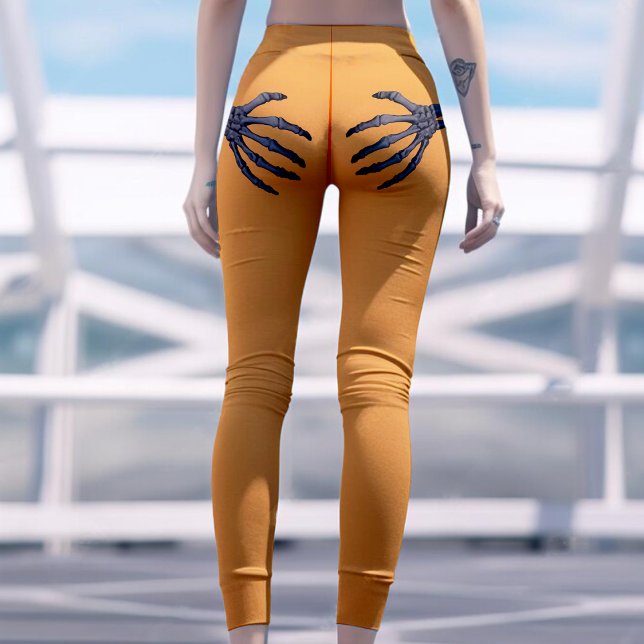 Skeleton Hand on Booty Funny Halloween Orange Leggings (Skeleton Hand on Booty Funny Halloween Black Leggings)