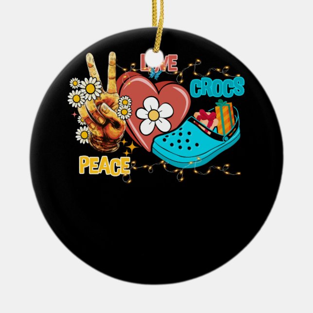 Skeleton Hand Peace Love Crocs Family Xmas Pyjama  Ceramic Ornament (Front)